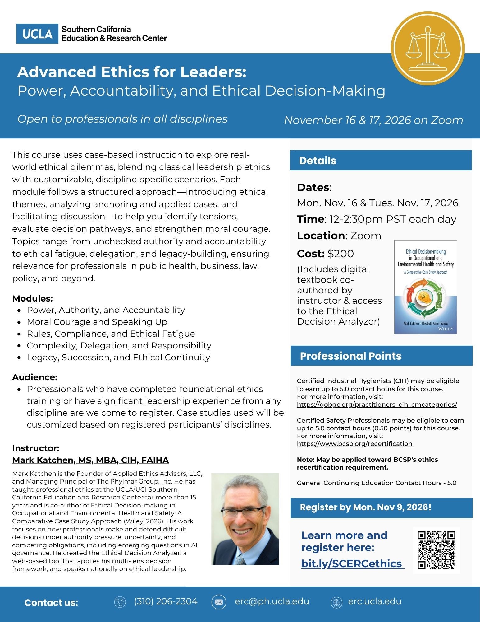 Flyer for UCLA's ethics course for leaders, with event details and instructor photo.ics
