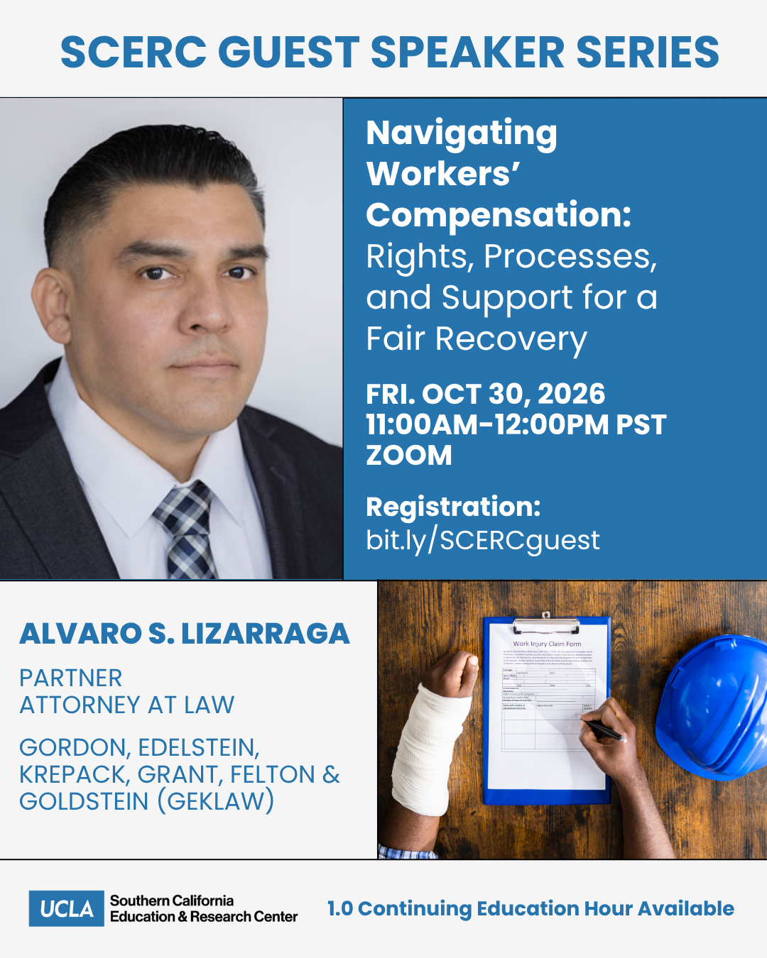 Guest speaker series poster with a man and event details.