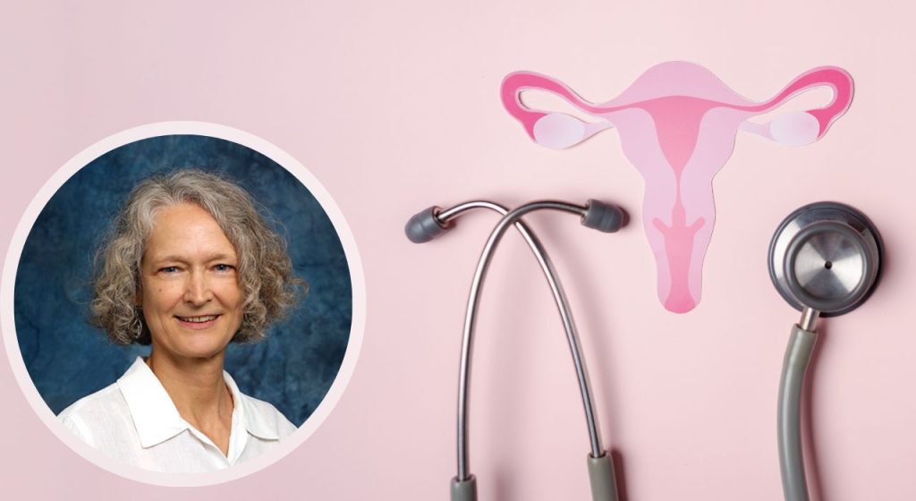 Dr. Ulrike Luderer, a stethescope, and an illustration of the female reproductive system.