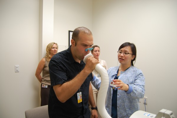 patient blowing into tube
